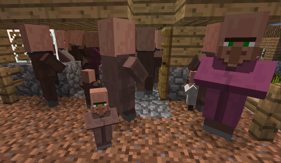 baby minecraft villagers clustering in a crazy lump of villagers